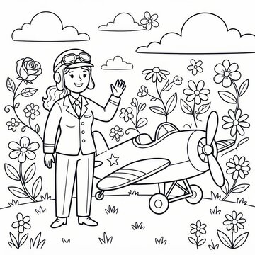 Coloring page of female pilot and airplane