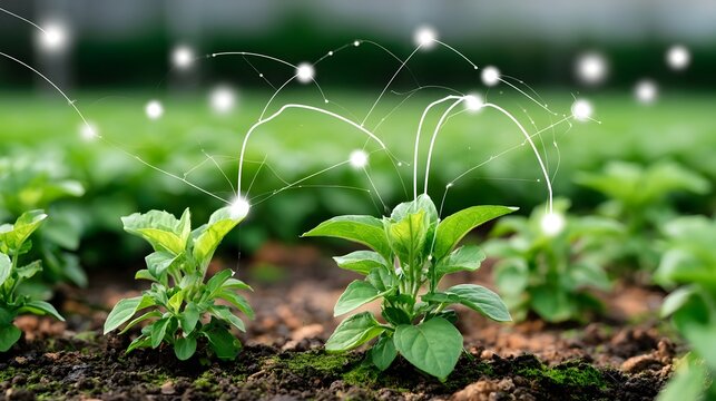 Young green plants growing in soil with glowing digital connections above them in a field setting