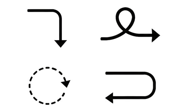 Right-angle corner, loop swirl, dashed circle, and U-turn arrows vector