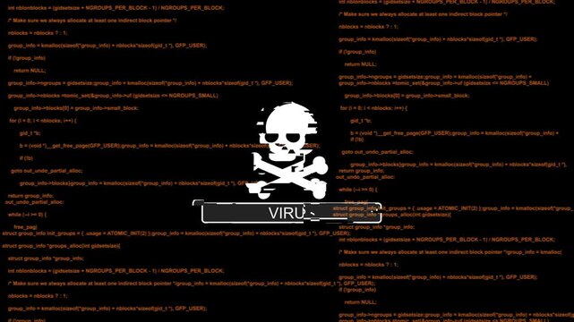 Computer virus warning alert with skull and crossbones on digital programming code background malware