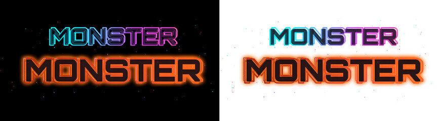 Monster word text logo design with a modern digital pixel art font style in vibrant orange and blue colors for gaming and technology branding © monasa