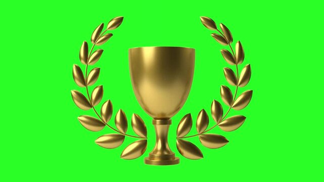Golden Trophy Cup Award with Laurel Wreath Frame Isolated on Green Screen Chroma Key Background 3D Render Illustration Overlay Asset   