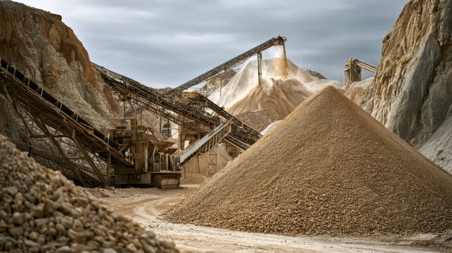 Industrial mining site with conveyor belt system processing and transporting sand and gravel material for construction use in quarry pit