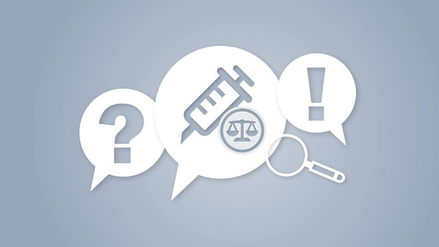 Medical law concept graphic with syringe and legal scale inside speech bubbles, question mark, exclamation mark and magnifying glass on a grey background.