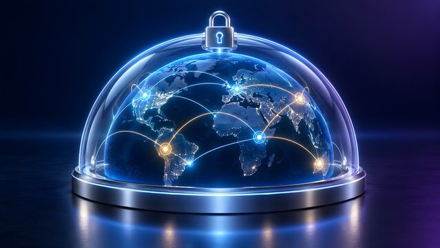 Illuminated Earth globe enclosed in a transparent glass dome with a digital padlock icon representing global cyber security and data protection.