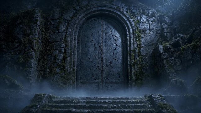 Ancient haunted stone doorway shrouded in atmospheric mist during a cinematic twilight descent