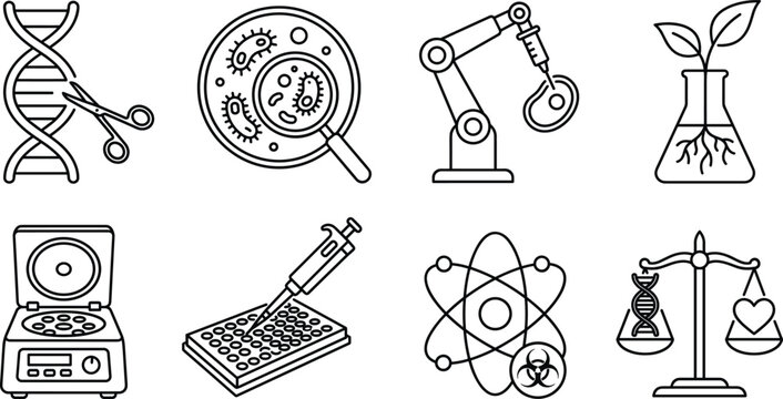 Biotechnology and genetic engineering vector line icon set featuring dna editing laboratory research science equipment and bioethics design elements