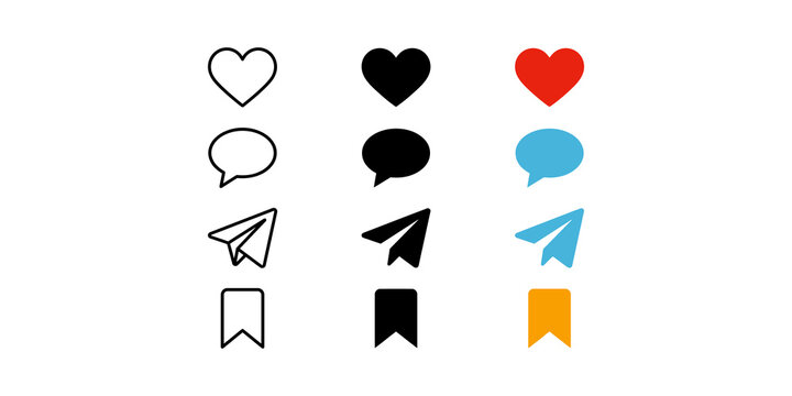 Minimalist social media interaction icons featuring outlined solid and colored heart speech bubble paper plane bookmark.