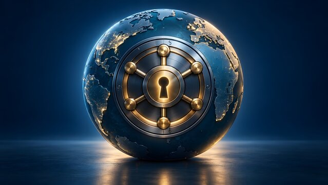 Global cyber security concept featuring an illuminated Earth globe with a metallic vault door and golden keyhole representing data protection.