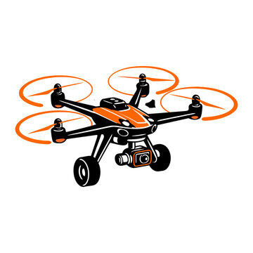 A quad copter drone with an orange body, black arms, four spinning propellers with circular orange