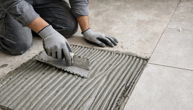 Skilled Builder Spreading Thinset Mortar Adhesive with Notched Trowel on Subfloor Surface for Ceramic and Porcelain Tile Installation Process