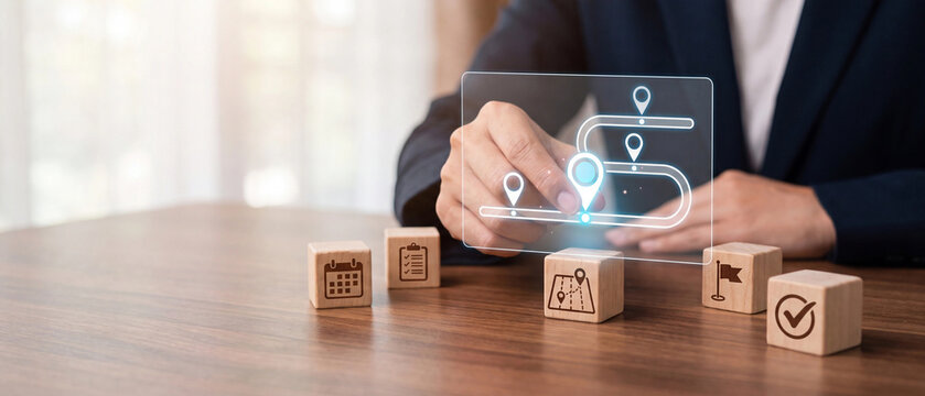 Business professional planning project roadmap milestones using wooden blocks and digital interface with interactive glowing location markers