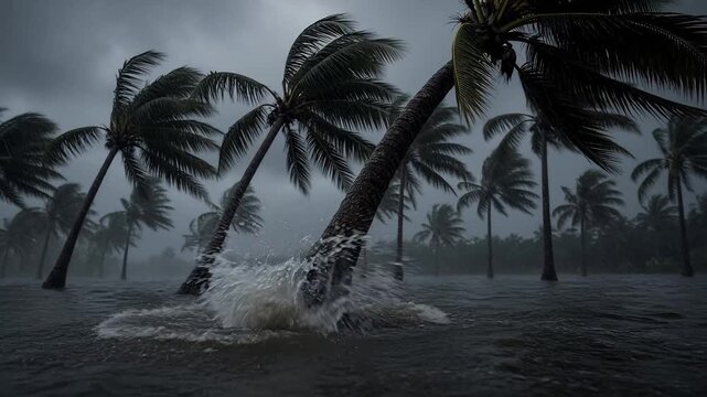 Dark Stormy Landscape with Swaying Palm Trees in Floodwaters Under Cloudy Sky