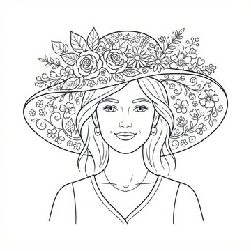 Woman with floral sun hat coloring page