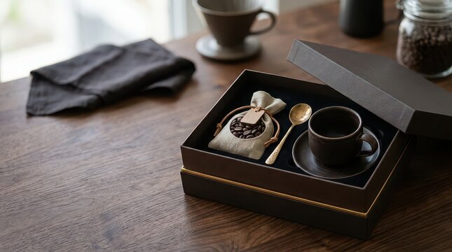 Coffee Gift Set with Beans Cup Saucer Spoon and Napkin on Wooden Table image photo
