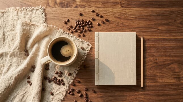 Coffee Cup, Beans, Notebook, and Pencil on Wooden Table 