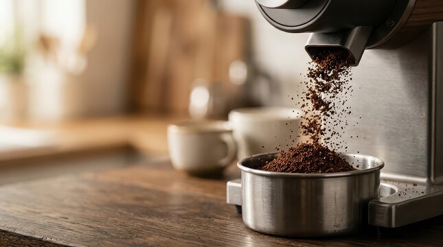 Coffee Grinder Dispensing Freshly Ground Coffee into a Portafilter grinding coffee beans