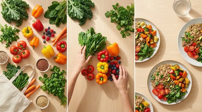 Collage of fresh vegetables, fruits, and healthy grain bowls for a balanced meal healthy food cooking