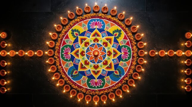 Colorful Diwali Rangoli with Oil Lamps on Dark Floor Keywords: Diwali, rangoli, diya, oil lamp, festival, celebration, tradition, India, Indian festival, Hindu festival, deepavali, light, colorful