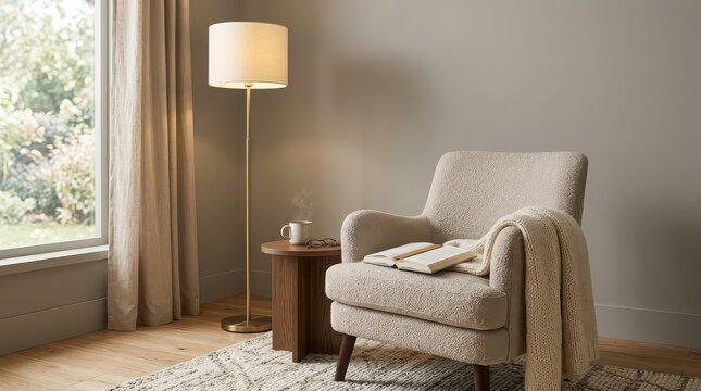 Comfortable armchair with an open book and a knitted blanket next to a floor lamp cozy reading