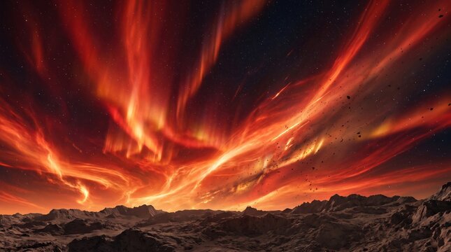 Vibrant Red Aurora Borealis Illuminating A Rugged Rocky Alien Landscape At Night