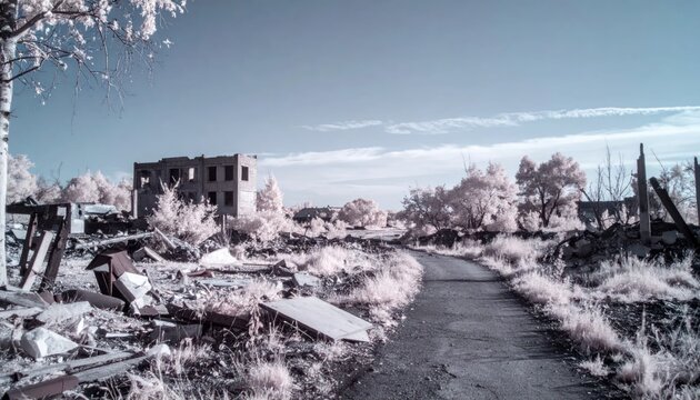 Desolate landscape with abandoned buildings and dirt pathway.