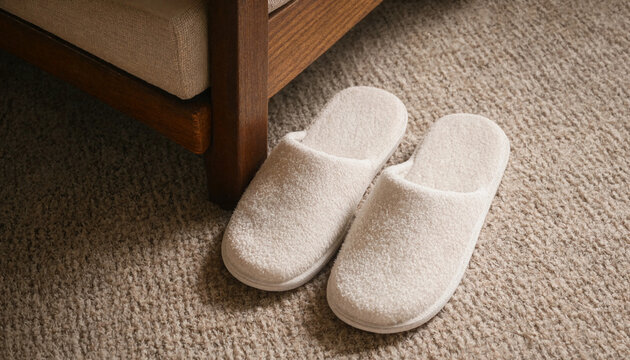 Comfortable Luxury White Fluffy Slippers Placed on Soft Plush Carpeted Bedroom Floor in High-End Hotel Suite Guest Room