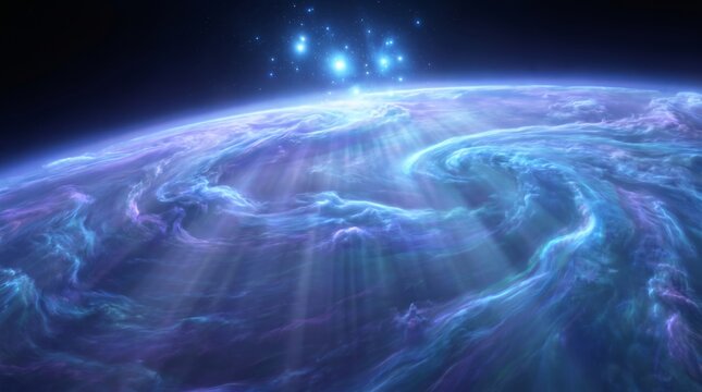 Ethereal Glowing Blue And Purple Cosmic Nebula Cloud In Deep Space With Radiant Light Beams
