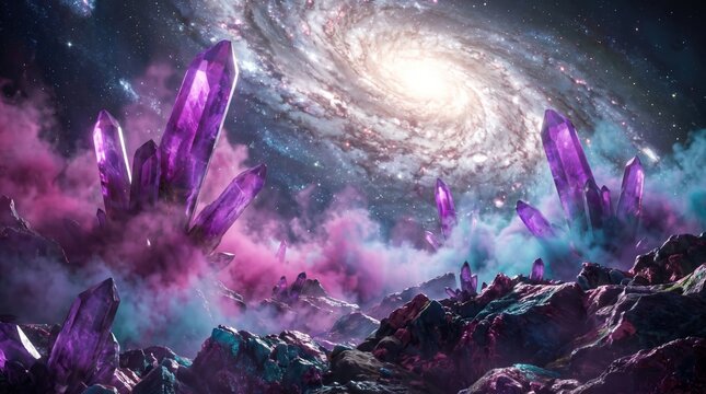 Purple Crystal Landscape Under Swirling Spiral Galaxy Nebula Background In Deep Space Digital Art