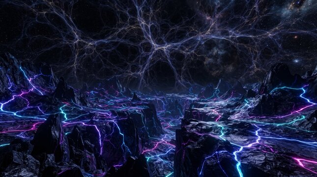 Abstract Cosmic Landscape With Glowing Neon Energy Veins And Starry Night Sky