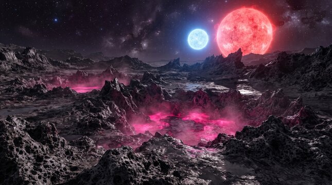 Distant Alien Exoplanet Surface With Two Glowing Suns In Deep Space Galaxy Nebula Backdrop