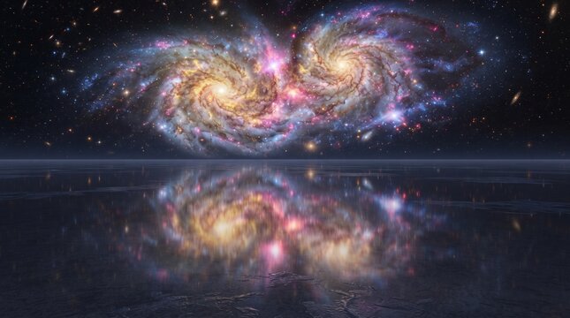 Double Spiral Galaxy Reflection Over Dark Cosmic Water Surface