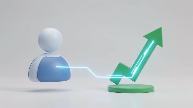A stylized 3D user icon connected to an ascending green growth arrow, symbolizing customer lifetime value, CLV metric optimization, user retention tracking, and long-term commercial profitability.