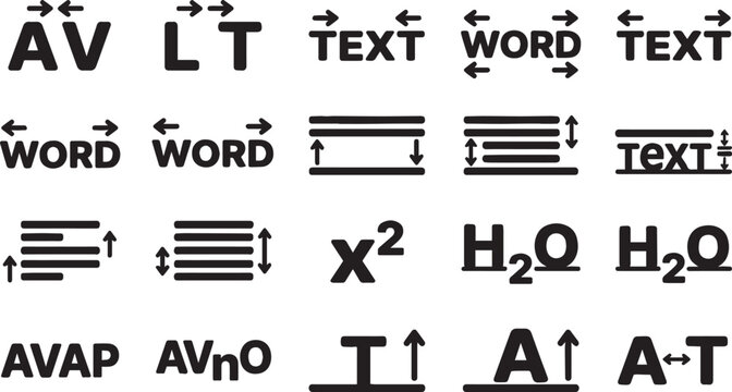A collection of black typography formatting icons and design vectors representing various text alignment and character spacing adjustment tools