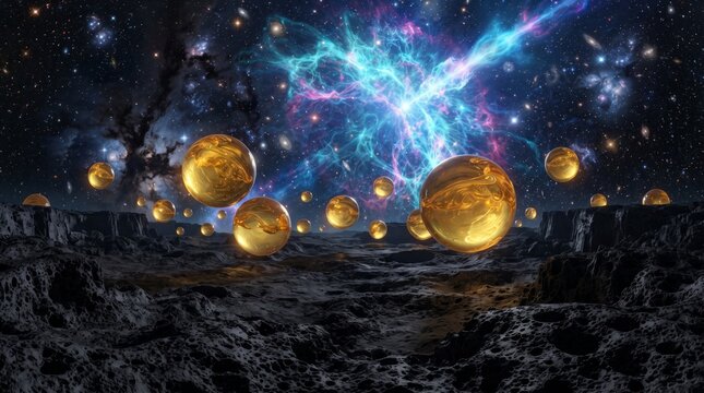 Glowing Golden Spheres Floating Above A Dark Rocky Alien Planet Landscape Under A Nebula Sky