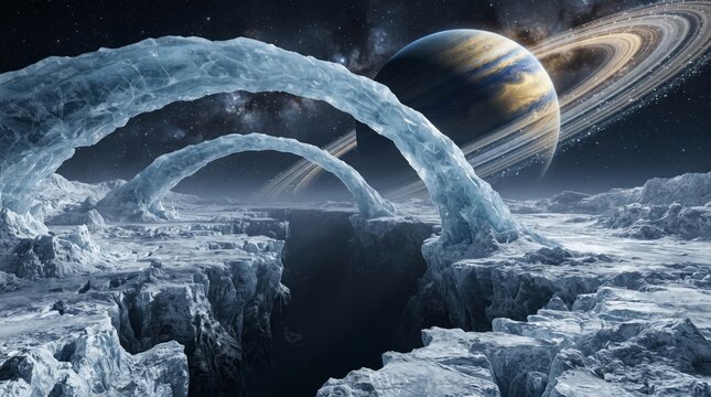 Icy Alien Landscape With Crystal Arches And Ringed Planet Under A Starry Cosmic Night Sky
