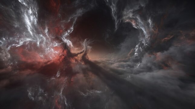Abstract Cosmic Nebula With Swirling Dark Clouds And Radiant Red Light In Deep Outer Space Backdrop