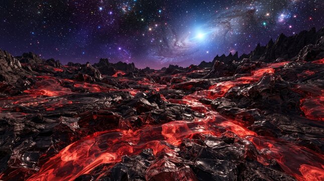 Molten Lava Rivers Flowing Through A Volcanic Alien Planet Under A Bright Sparkling Starry Galaxy