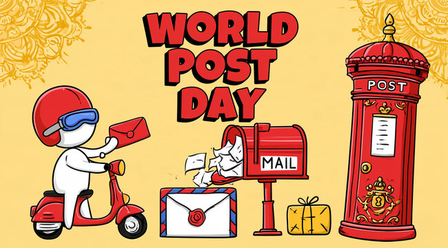 Cartoon postal worker riding red scooter with mailbox and parcels illustration design celebrating international world post day.