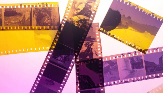 Diagonal arrangement of scattered film strips with light effects.