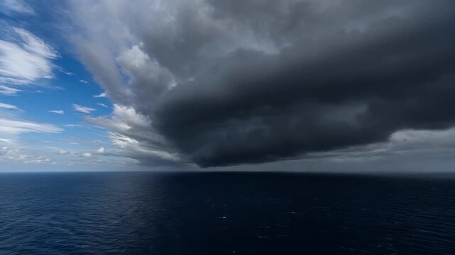 Dramatic Cloud Formation Over Calm Ocean with Contrasting Shades of Blue and Gray