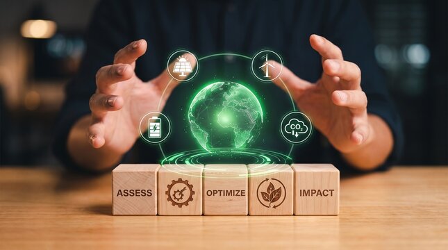 Sustainable business practices and green energy initiatives represented through glowing holographic earth interface with wooden blocks