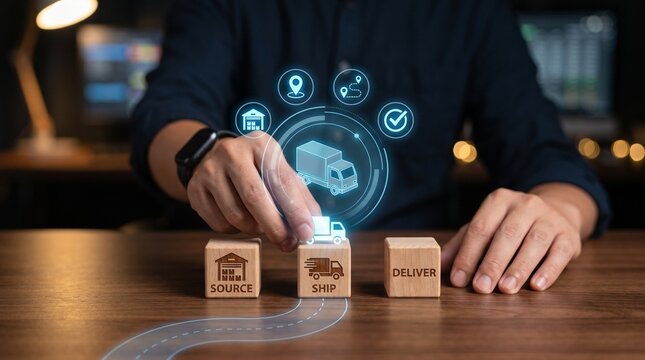 Logistics management professional placing wooden blocks featuring supply chain icons under glowing digital user interface graphics
