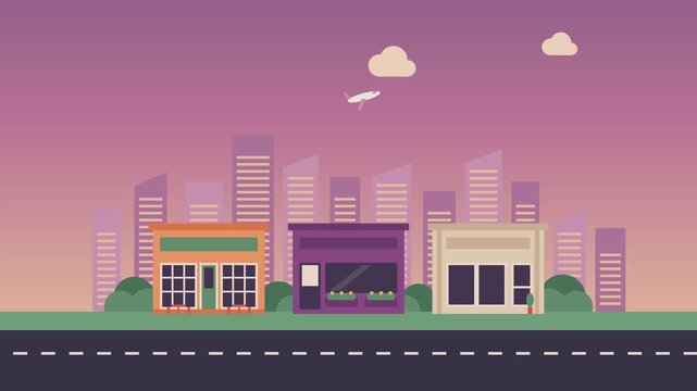 Minimalist vector animation of city street with shops