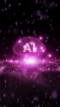 Artificial intelligence human brain with lights and binary numbers on black dotted waves loop vertical animation.m