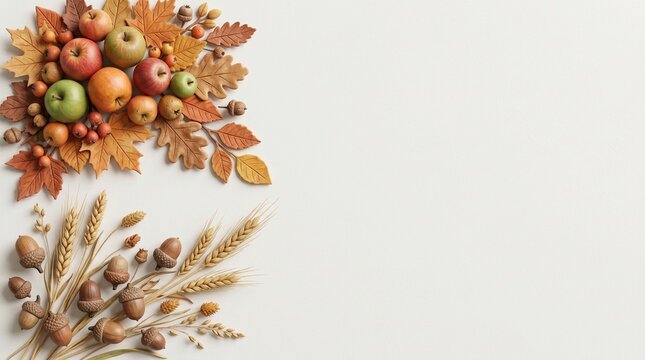 Autumn Clusters with Apples, Leaves, Wheat, and Acorns Arranged on a White Background
