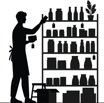 Black silhouette of a shop assistant stocking shelves with jars and bottles in a store on a white background, for retail management