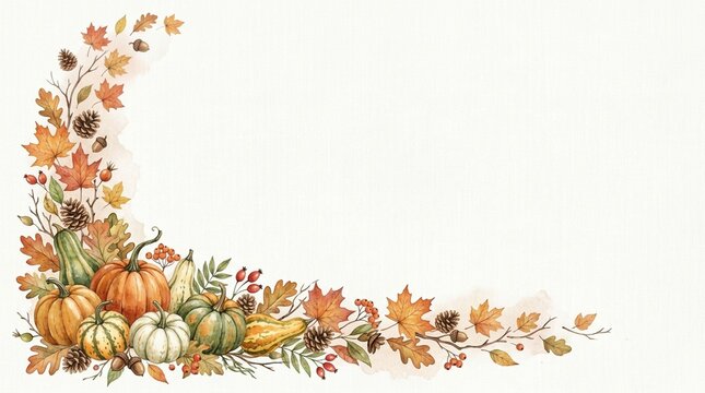 Autumn Leaves and Pumpkins Watercolor Border Design. Fall Foliage Illustration with Gourds