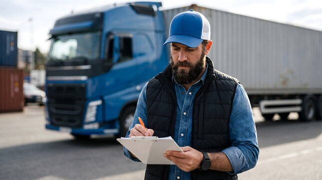 Professional logistics worker checking inventory on a clipboard in a freight yard with a large blue transport truck for supply chain optimization and delivery business.
