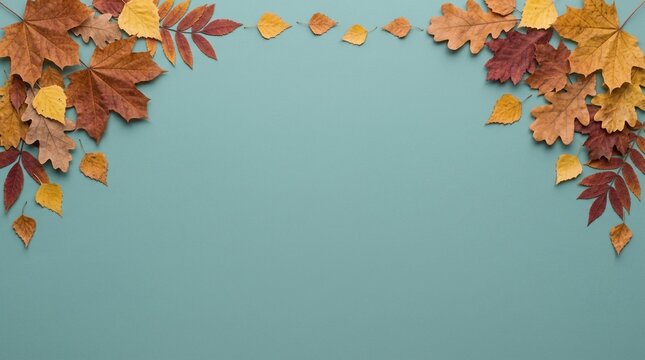 Autumn Leaves Border on Teal Surface, a Decorative Arrangement of Colorful Foliage for Seasonal